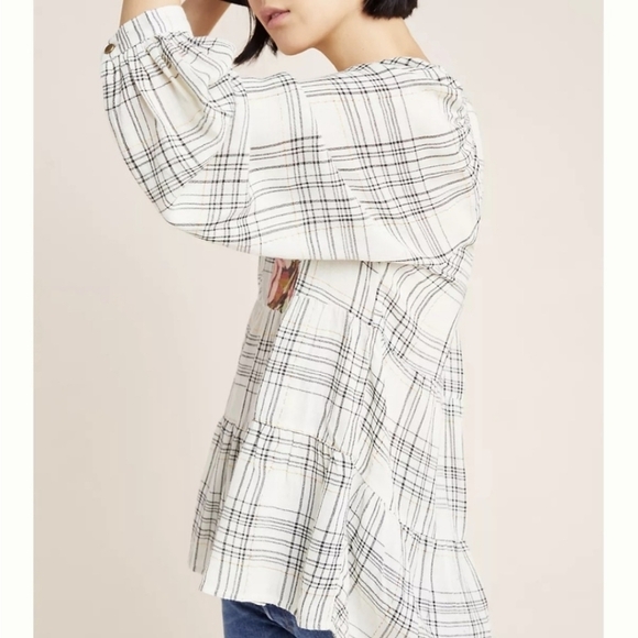 Anthropology Darlene Boho Metallic Thread Plaid Floral V Neckline Tiered Tunic - Picture 3 of 9